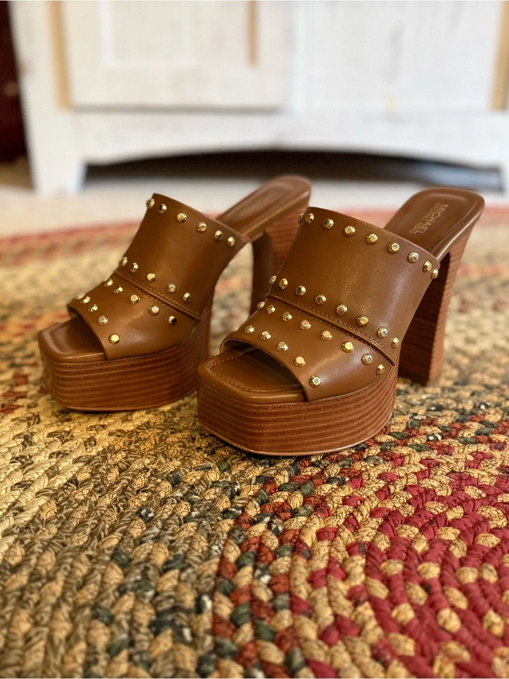 Platform Studded Slide Heels in Brown by Michael Kors